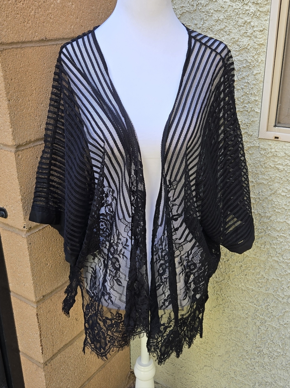 Main Strip Black Sheer Lace Kimono Cover-Up